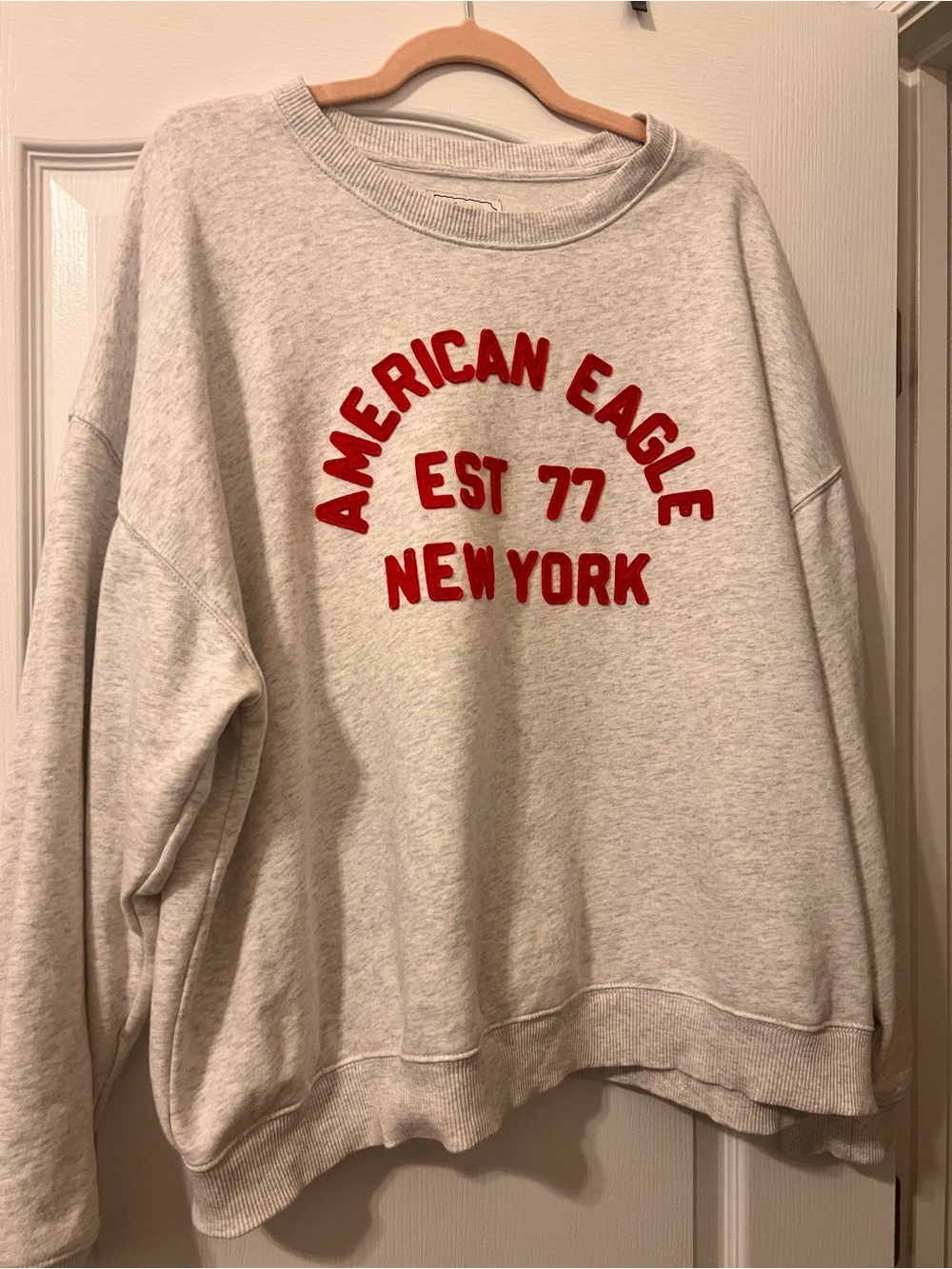 American Eagle Outfitters Heather Gray Crewneck Sweatshirt with Red Appliqué